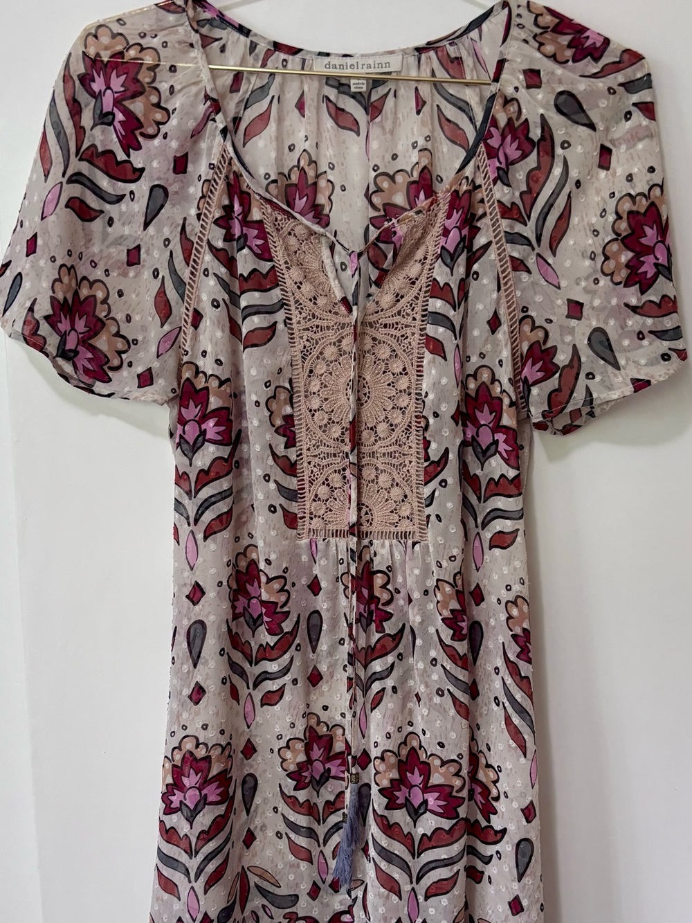 Daniel Rainn| Boho Taupe, Burgundy & Cream Breezy Mini Dress w/Floral Print Sz S